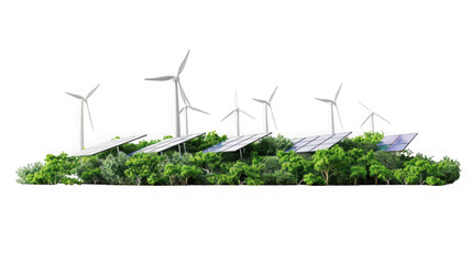 A green landscape with solar panels and wind turbines, symbolizing renewable energy and sustainability, isolated on a transparent background