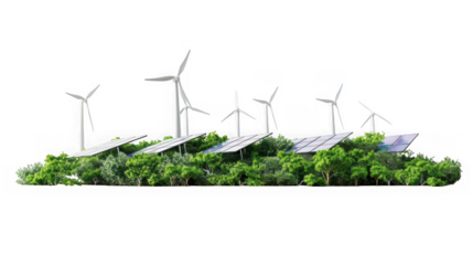 A green landscape with solar panels and wind turbines, symbolizing renewable energy and sustainability, isolated on a transparent background