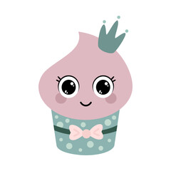 Cute cartoon cupcake with smiling face and crown. Birthday vector hand drawn illustration