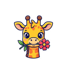 Naklejka premium Cute giraffe holding flower cartoon illustration