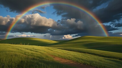 Naklejka premium landscape with rainbow over the field