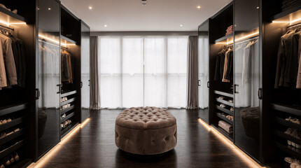 Luxury Walk-in Closet with Glass Doors and Soft Lighting