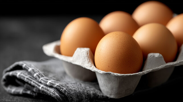 Elegant close-up composition of brown eggs in carton on dark matte background, natural textures and earthy tones with minimalist simplicity, symbolizing purity, health, organic farming, and sustainabl - Powered by Adobe