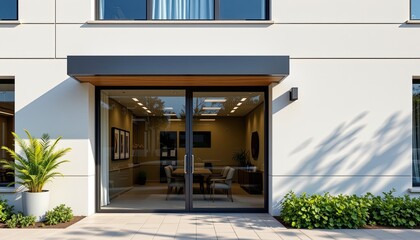 Fototapeta premium Modern Office Entrance with Sleek Design and Green Plant Accents in Sunshine