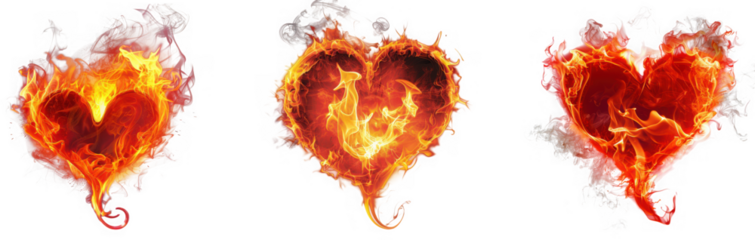 Three fiery hearts burning with intense flames, isolated on transparent background