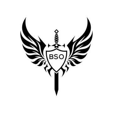 BSO "Warrior Shield and Sword Emblem with Wings Logo," BSO Later Logo, "Black Tribal Winged Sword Crest Vector,"
