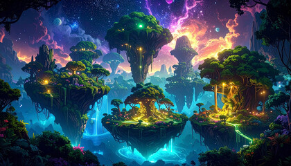 A breathtaking fantasy landscape with floating islands, glowing trees, and cascading waterfalls under a vibrant, celestial sky