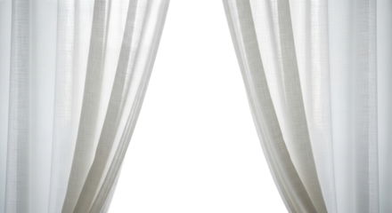 Sheer white linen curtains with delicate folds gently billowing, revealing soft diffused light in a minimalist white space, high-key lighting, ethereal studio aesthetic, serene calm anticipation