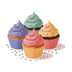 A delightful assortment of colorful frosted cupcakes with sprinkles on a white background