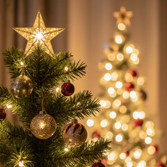 A close-up of a beautifully decorated Christmas tree with twinkling fairy lights, ornaments, and a golden star on top, soft bokeh effect in the background creating a dreamy holiday atmosphere.