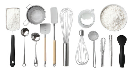 Home Baking Tools: A flat lay of home baking tools like measuring cups, spatulas, and whisks, isolated on a Transparent background, PNG file.