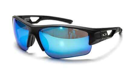 Black framed sunglasses with bright blue mirrored lenses, casting a shadow on a white surface.