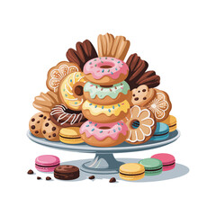 A delightful assortment of colorful donuts cookies and pastries piled high on a cake stand