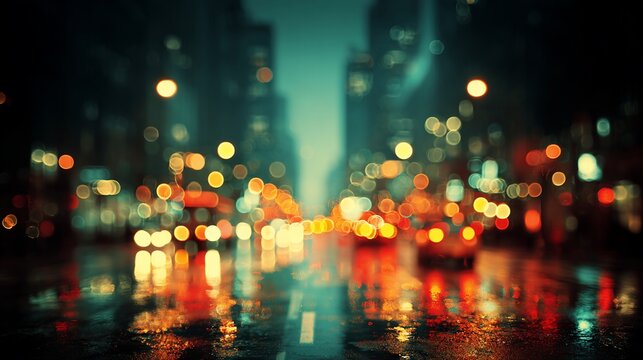 Night City Street with Blurred Lights and Wet Pavement in Urban Atmosphere