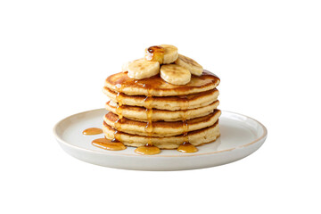 Stack of fluffy pancakes topped with banana slices and maple syrup, isolated on a transparent background
