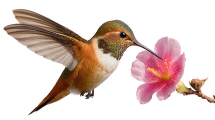 Naklejka premium Hummingbird in Midair: A hummingbird hovering midair, feeding from a flower, isolated on a Transparent background, PNG file.