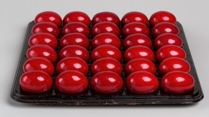 Naklejka premium Red Decorative Eggs in Black Plastic Tray for Festive Occasions