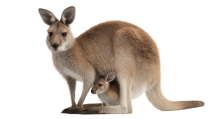 Kangaroo with Baby: A flat lay of a kangaroo carrying its baby in the pouch, isolated on a Transparent background, PNG file.