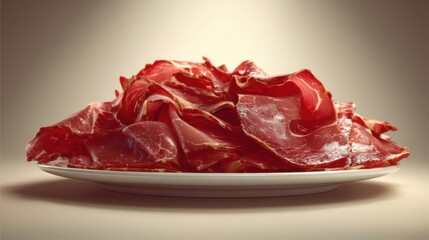 Obraz premium Slices of Cured Meat Displayed Elegantly on a White Plate