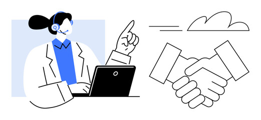 Woman in headset using laptop, pointing confidently with handshake and cloud icons symbolizing teamwork, connection, partnerships. Ideal for support, business, communication, trust, collaboration