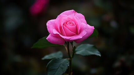 Close-Up Pink Rose in Garden with Blurred Background, Dark Green Leaves, Bokeh High-Resolution
