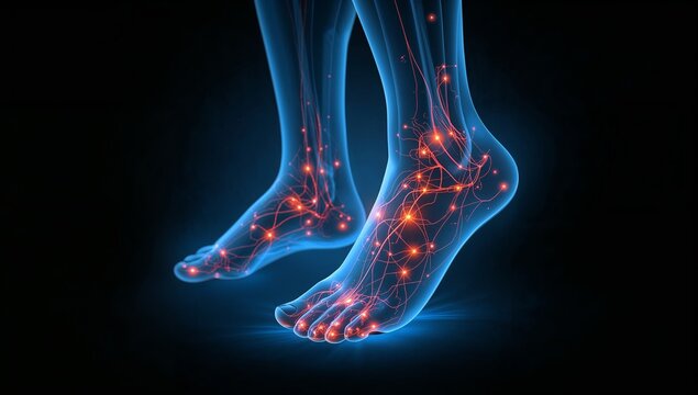 Anatomical illustration of human feet with glowing nerve pathways and circulatory system