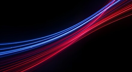 Abstract long exposure photo of glowing red and blue neon light trails on a dark background. Futuristic motion lines creating dynamic speed and energy with modern minimal design.