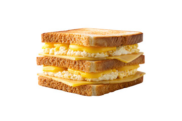 Multi-layered grilled cheese sandwich with scrambled eggs, melted cheese, and perfectly toasted bread slices stacked high, isolated on a transparent background