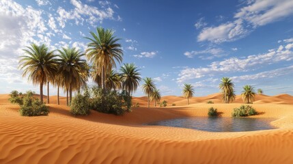 Fototapeta premium a mesmerizing desert scene in panoramic format, depicting an idyllic oasis surrounded by palm trees with detailed fronds and rugged trunks the surrounding dunes have smooth, flowing curves, shaped by