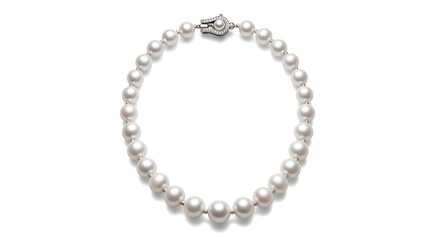 Elegant pearl necklace displayed against a clean white background, showcasing its beauty.