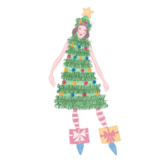 Whimsical  illustration of a girl dressed as a decorated Christmas tree with ornaments, star hat, striped tights, and gift box shoes. Festive holiday art for Christmas designs, greeting cards