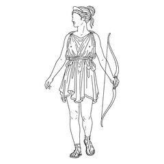 Huntress Artemis Line Art – Arrow and Moon Vector Illustration Artistic Goddess Drawing – Artemis Drawing – Line Art Drawing of Artemis – Artemis Icon – Greek Goddess Vector