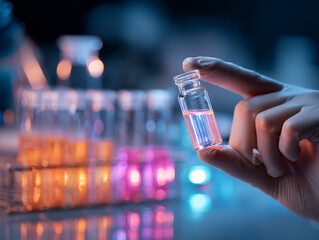 Colorful vials with fluorescent liquids displayed in a laboratory setting during an experimental procedure at night