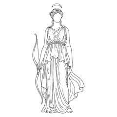 Artemis Wilderness Line Art – Deer and Hunt Vector Illustration Mythical Goddess Drawing – Artemis Drawing – Line Art Drawing of Artemis – Artemis Icon – Greek Goddess Vector