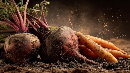 A freshly harvested beets and carrots with soil and golden dust light
