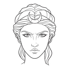 Moon Goddess Artemis Line Art – Hunting Bow Vector Outline Drawing with Celestial Details – Artemis Drawing – Vector of Artemis – Artemis Outline – Greek Goddess Lineart