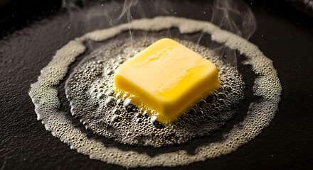 Watch fresh butter sizzle in a hot pan ready for cooking delicious meals and culinary creations