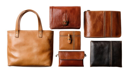 Luxury Handcrafted Bags: A flat lay of luxury handcrafted bags made from premium leather, isolated on a Transparent background, PNG file.