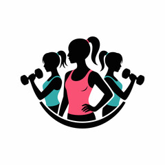 Three women silhouettes lifting dumbbells in a fitness emblem