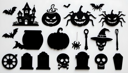 A collection of black silhouettes associated with spooky or Halloween themes arranged in a horizontal layout, The main subjects are iconic symbols that evoke a dark, eerie, and playful mood