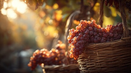 A golden hour vineyard with ripe grape clusters, soft sun flares, rustic baskets, cinematic warm tones, shallow depth of field