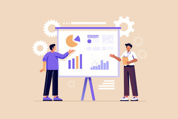 Two men presenting a business report with charts and graphs on a whiteboard