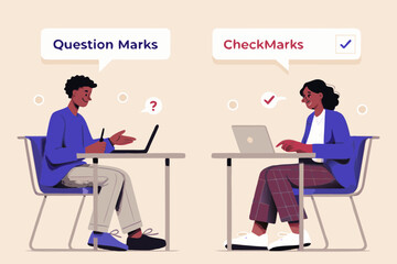 Two people at desks with laptops one with question marks and the other with checkmarks representing different approaches