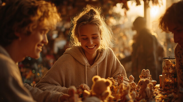 Friends share joy while exchanging charming doll figures at sunset gathering