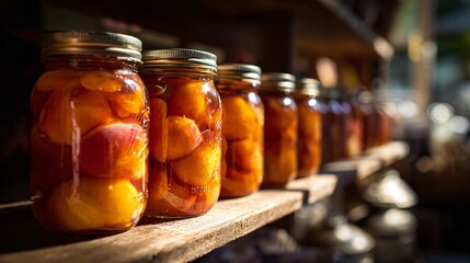 A mason jars of preserved peaches glowing on shelf in evening sun