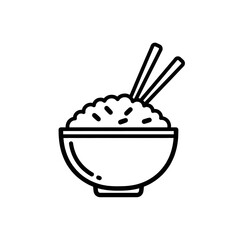 Black and white rice bowl with chopsticks icon isolated on white background, minimalist vector illustration of Asian food, simple flat pictogram for restaurant, menu, app, web design, or culinary logo