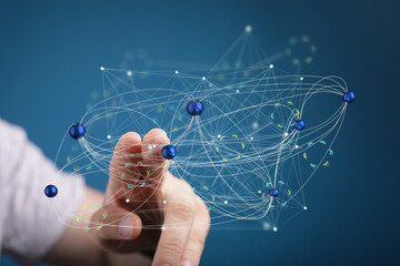 Abstract image depicting a hand interacting with a complex network.  Ideal for technology, connection, and global concepts.