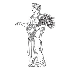 Abundant Demeter Line Art &ndash; Grain and Harvest Vector Outline Drawing with Fertile Form &ndash; Demeter Drawing &ndash; Vector of Demeter &ndash; Demeter Outline &ndash; Greek Goddess Lineart