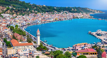 Panoramic aerial summer day view of the town and port of Zakynthos island, Ionian Sea, Greece