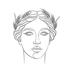 Stylized Demeter Line Art – Grain Basket Vector Illustration Divine Agriculture Goddess Drawing – Demeter Drawing – Line Art Drawing of Demeter – Demeter Icon – Greek Goddess Vector